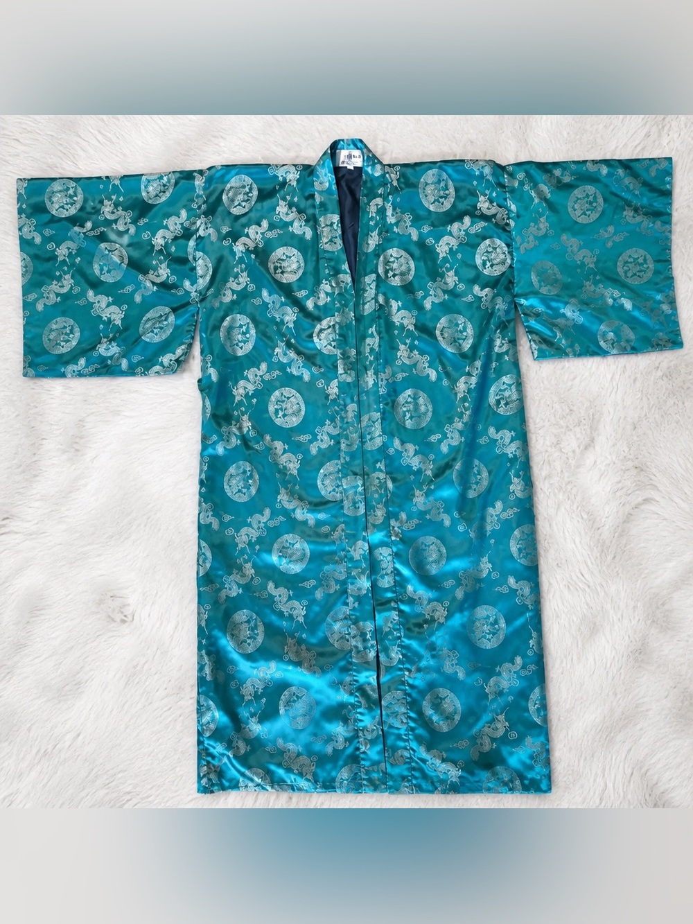 Vintage Esme Chinese Dragon Satin Kimono Robe Turquoise Gold Brocade Size M - Picture 3 of 7